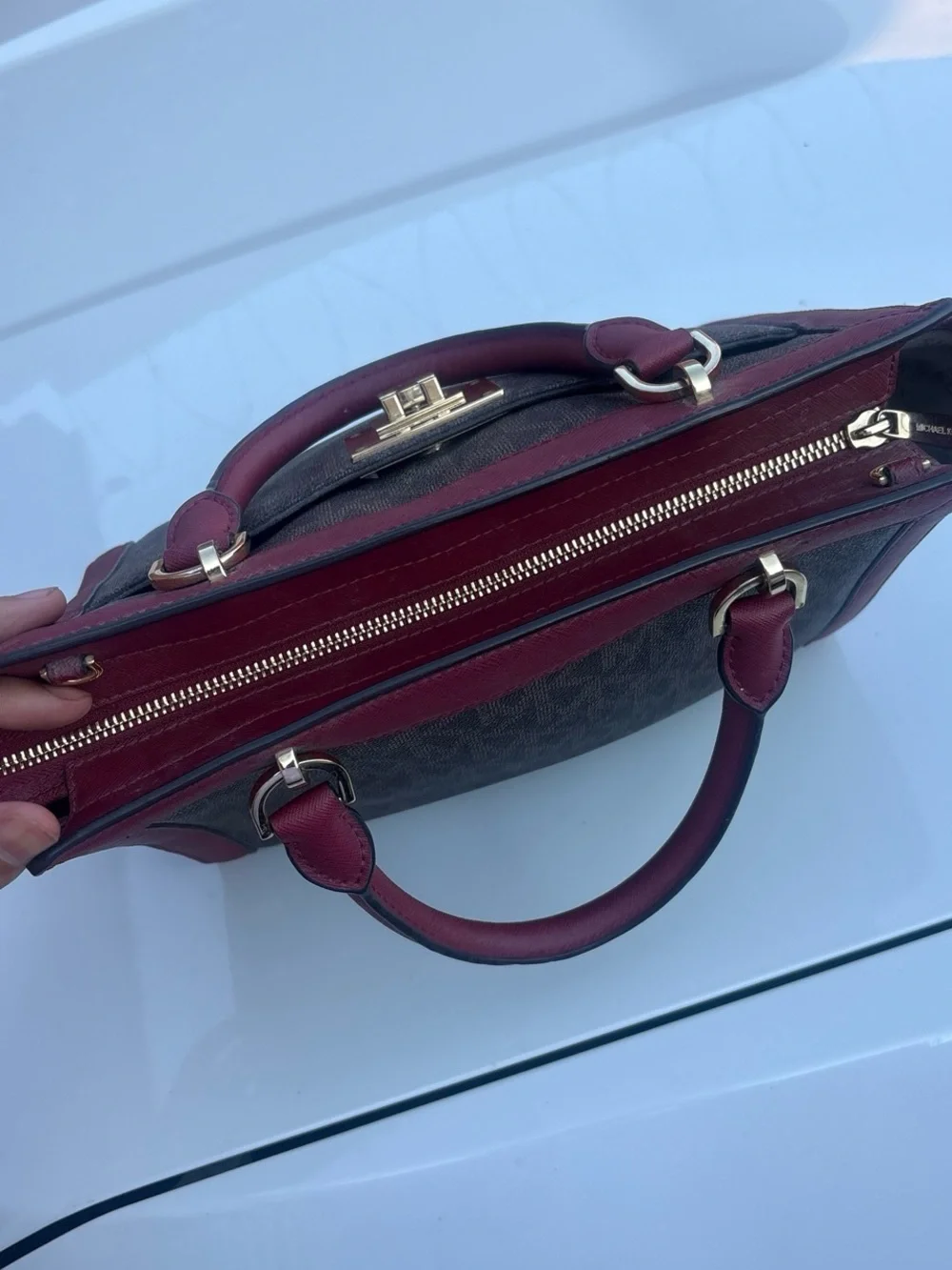 Michael Kors Burgundy and Brown MK Logo Satchel with Gold Hardware